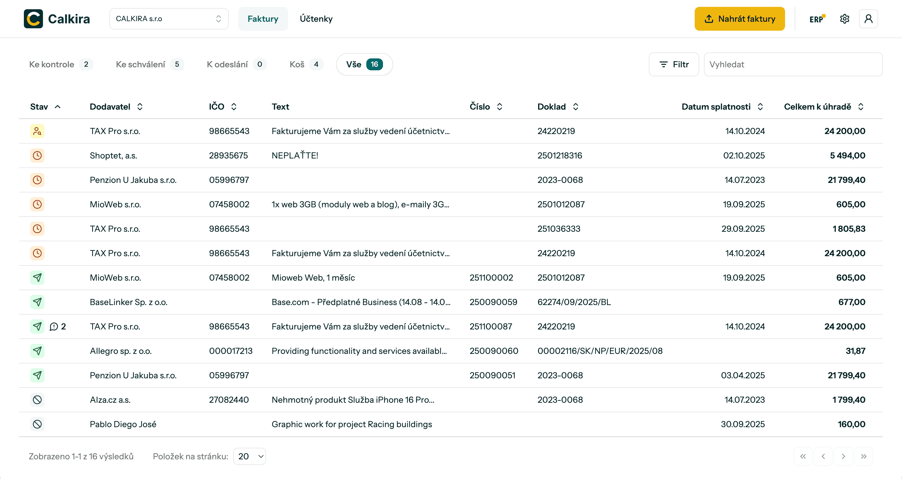 Ukázka online aplikace pro správu faktur a účetních dokladů – seznam faktur s dodavateli, IČO, čísly dokladů, datem splatnosti a částkou k úhradě